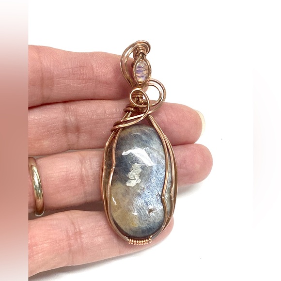 HANDCRAFTED Statement Pendant Gray &Rainbow Moonstones Oxidized Copper Hand Wrap - Picture 10 of 10